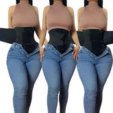 Three high compression waist trainer corsets with beige tops and blue jeans for an hourglass figure